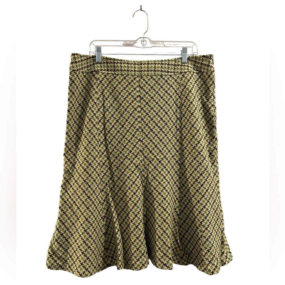 Alfani Wool Blend Tweed A-Line Skirt Flare Green Brown Houndstooth Academia